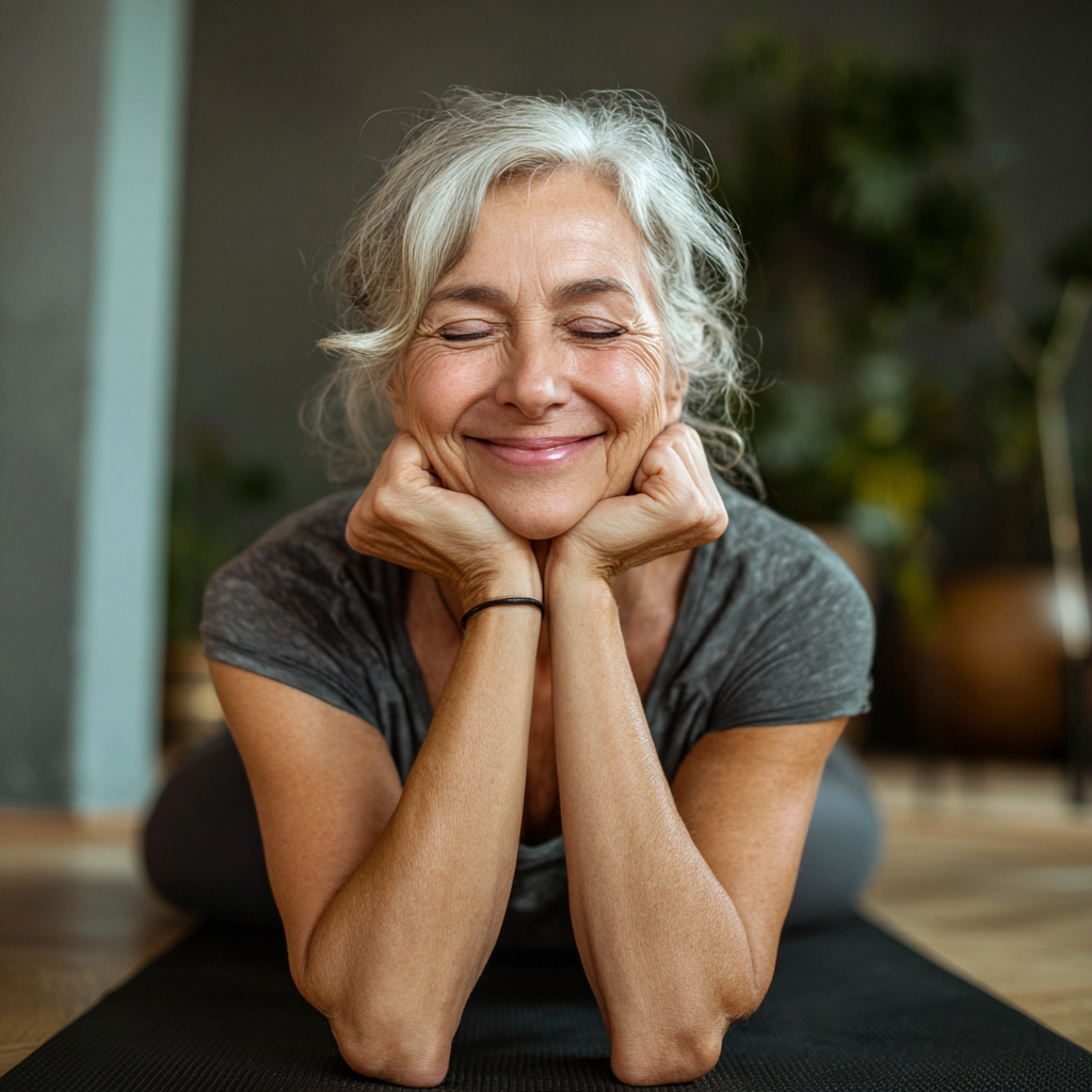 Serene older European woman in white yoga attire sitting in lotus position with peaceful expression in a bright, minimalist studio