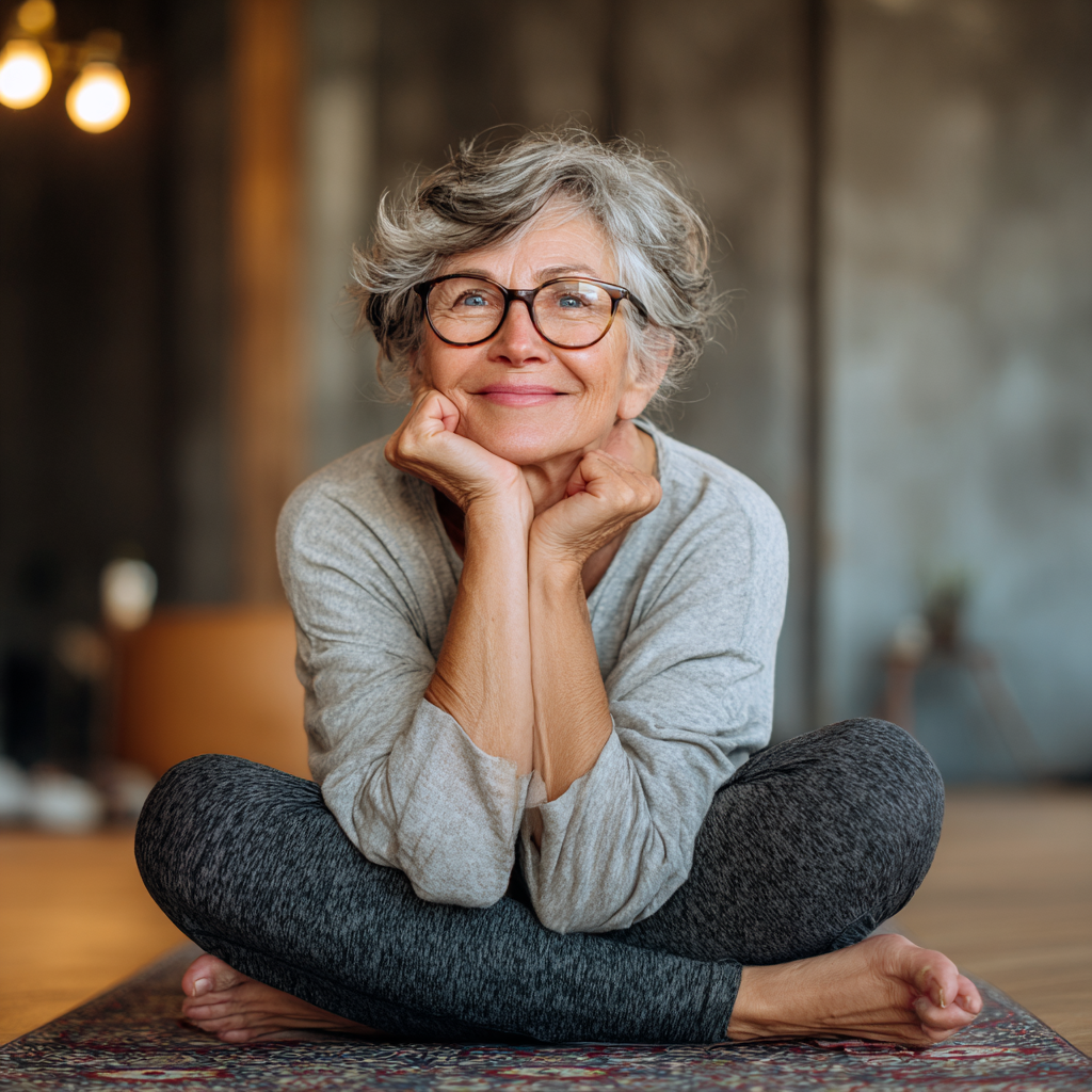 Mature European business woman doing gentle desk yoga stretches in modern office environment, smiling with relaxed posture