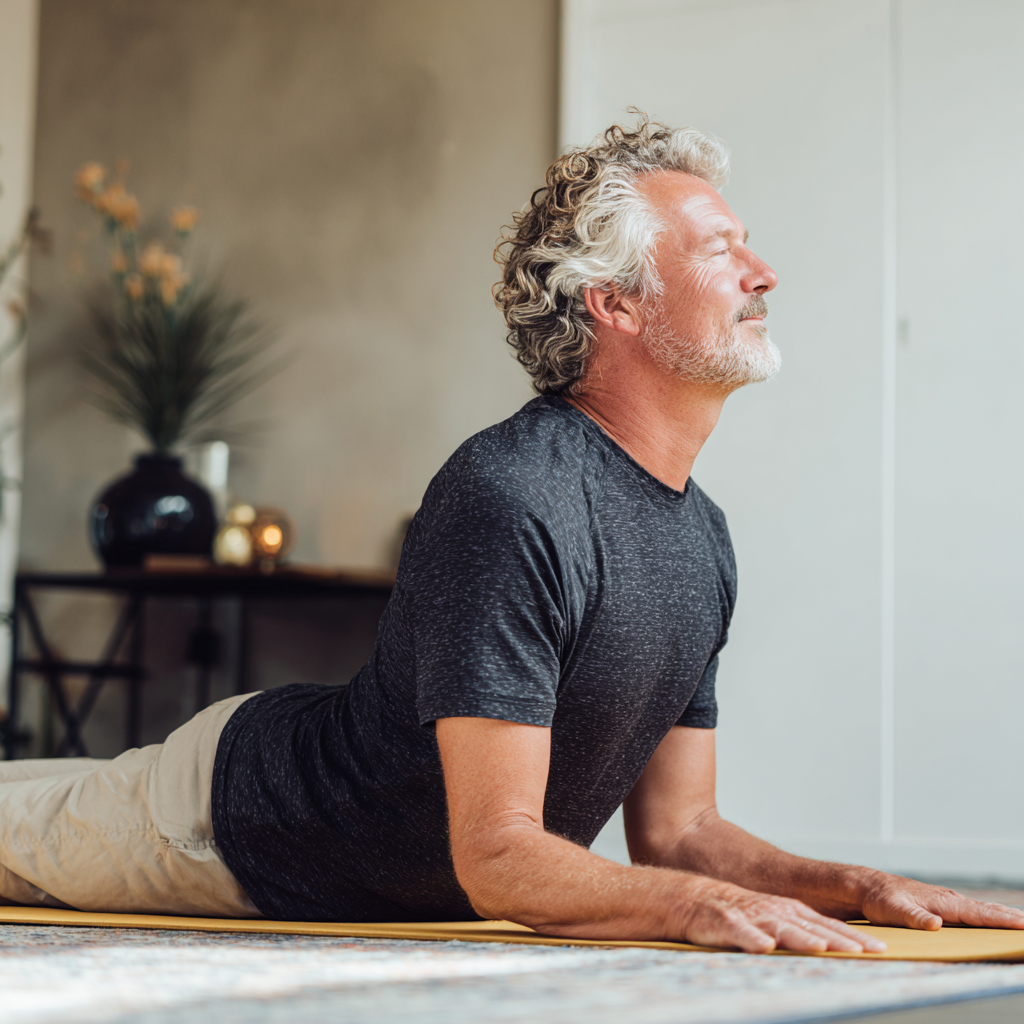 Peaceful older European couple practicing gentle evening yoga poses together in soft natural lighting, both with content expressions